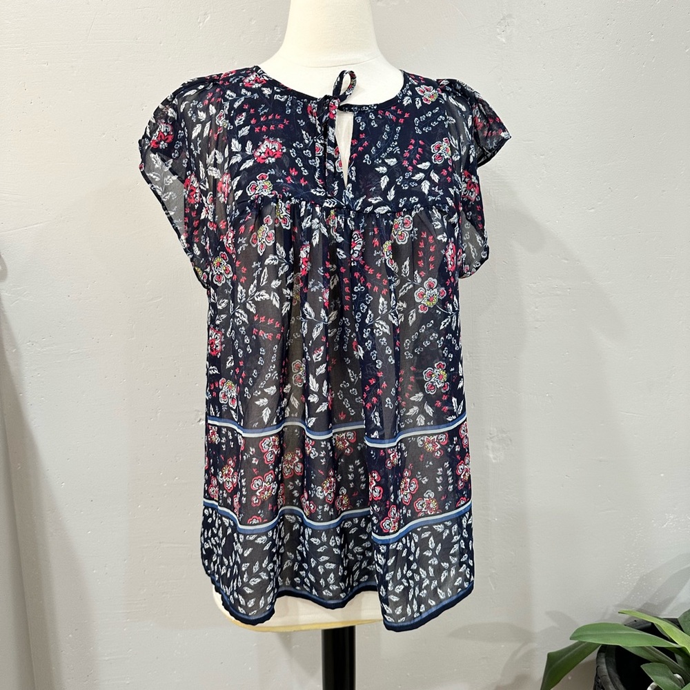 New Gap - Mixed Pattern Flutter Sleeve Tie Front … - image 3